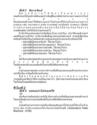 ขั้นที่ 2 จัดการเรียนรู้
5.ค รู อ ธิ บ า ย ใ ห้ นั ก เ รี ย น ท ร า บ ว่ า
คอมพิวเตอร์เป็นอุปกรณ์ที่มนุษย์ประดิษฐ์ขึ้นมาเพื่อช่วยอานวยความสะดวกในด้
า น ต่ า ง ๆ
ปัจจุบันคอมพิวเตอร์ได้พัฒนาและนาไปประยุกต์ใช้งานในหน่วยงานต่างๆ
มากมาย เช่น งานราชการ ธุรกิจ การแพทย์ การบันเทิง การทหาร เป็ นต้น
ก า ร ท า ง า น ข อ ง ค อ ม พิ ว เ ต อ ร์ จ ะ เ ป็ น ไ ป ต า ม เ งื่ อ น ไ ข ต่ า ง ๆ
ตามที่ซอฟต์แวร์หรือโปรแกรมกาหนดไว้
6.นักเรียนแต่ละกลุ่มร่วมกันศึกษาใบความรู้เรื่อง ประวัติคอมพิวเตอร์
และศึกษาความรู้เรื่อง การทางานขั้นพื้นฐานของคอมพิวเตอร์ จากหนังสือเรียน
เสร็จแล้วให้นักเรียนร่วมกันสรุปความรู้และตอบคาถามตามประเด็นต่อไปนี้
- อุปกรณ์ที่เป็นหน่วยรับเข้า ได้แก่อะไรบ้าง
- อุปกรณ์ที่เป็นหน่วยประมวลผลกลาง ได้แก่อะไรบ้าง
- อุปกรณ์ที่เป็นหน่วยความจาหลัก ได้แก่อะไรบ้าง
- อุปกรณ์ที่เป็นหน่วยความจารอง ได้แก่อะไรบ้าง
- อุปกรณ์ที่เป็นหน่วยส่งออก ได้แก่อะไรบ้าง
7.
นักเรียนแต่ละกลุ่มส่งตัวแทนออกนาเสนอผลการสรุปและเฉลยคาตอบตาม
ป ร ะ เ ด็ น ที่ ค รู ตั้ ง ค า ถ า ม
โดยมีครูคอยอธิบายและเพิ่มเติมในส่วนที่ยังมีข้อบกพร่องอยู่
8.
ครูนาแผนภาพแสดงวงจรการทางานขั้นพื้นฐานของคอมพิวเตอร์มาแสดง
หน้าชั้นเรียน พร้อมทั้งอธิบายประกอบ
9.นั ก เ รี ย น ต อ บ ค า ถ า ม ก ร ะ ตุ้ น ค ว า ม คิ ด
ว่าคอมพิวเตอร์มีประวัติความเป็ นมาอย่างไร (พิจารณาตามคาตอบของนักเรียน
โดยให้อยู่ในดุลยพินิจของครูผู้สอน)
ชั่วโมงที่ 2
ขั้นที่ 3 สรุปและนาไปประยุกต์ใช้
10.
นักเรียนร่วมกันสรุปความรู้เกี่ยวกับการทางานขั้นพื้นฐานของคอมพิวเตอร์
โดยครูเป็นผู้แนะนาและสรุปเพิ่มเติมในส่วนที่ยังมีข้อบกพร่องอยู่
11.
ครูยกตัวอย่างการนาความรู้เกี่ยวกับคอมพิวเตอร์ไปประยุกต์ใช้งานในด้าน
ต่างๆ เช่น การทางานของเครื่องรับจ่ายเงินอัตโนมัติ (Automatics Teller
Machine : ATM)
 