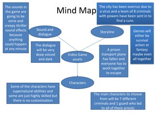 Mind Map
Characters
Sound and
dialogue
Storyline
The city has been overrun due to
a virus and a team of 8 criminals
with powers have been sent in to
find a cure.
Genres will
either be
survival
action or
fantasy
maybe even
all together
The sounds in
the game are
going to be
eerie and
creepy thriller
sound effects
because
anything
could happen
at any minute A prison
transport plane
has fallen and
everyone has to
work together
to escape
The main characters to choose
from will be 7 different
criminals and 1 guard who led
to all of there arrests
The dialogue
will be very
deep voiced
and dark
Some of the characters have
supernatural abilities and
some are just highly skilled but
there is no customisation
 