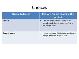 Choices
Discounted ideas Reasons for not choosing this
project
Posters • I did not choose this because I have
already made lots of posters before in
my first projects
Graphic novels • I chose not to do this because getting the
images would be way too hard
 