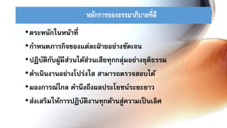 •ตระหนักในหน้าที่
•กาหนดภารกิจของแต่ละฝ่ ายอย่างชัดเจน
•ปฏิบัติกับผู้มีส่วนได้ส่วนเสียทุกกลุ่มอย่างยุติธรรม
•ดาเนินงานอย่างโปร่งใส สามารถตรวจสอบได้
•มองการณ์ไกล คานึงถึงผลประโยชน์ระยะยาว
•ส่งเสริมให้การปฏิบัติงานทุกด้านสู่ความเป็นเลิศ
หลักการของธรรมาภิบาลที่ดี
 
