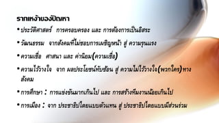 รากเหง้าของปั ญหา
•ประวัติศาสตร์ การครอบครอง และ การต้องการเป็นอิสระ
•วัฒนธรรม จากสังคมที่ไม่ชอบการเผชิญหน้า สู่ ความรุนแรง
•ความเชื่อ ศาสนา และ ค่านิยม(ความเชื่อ)
•ความไว้วางใจ จาก ผลประโยชน์ทับซ้อน สู่ ความไม่ไว้วางใจ(พวกใคร)ทาง
สังคม
•การศึกษา : การแข่งขันมากเกินไป และ การสร้างทีมงานน้อยเกินไป
•การเมือง : จาก ประชาธิปไตยแบบตัวแทน สู่ ประชาธิปไตยแบบมีส่วนร่วม
 