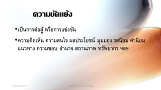 www.kpi.ac.th College of Unity and Peace
ความขัดแย้ง
•เป็นการต่อสู้ หรือการแข่งขัน
•ความคิดเห็น ความสนใจ ผลประโยชน์ มุมมอง รสนิยม ค่านิยม
แนวทาง ความชอบ อานาจ สถานภาพ ทรัพยากร ฯลฯ
 