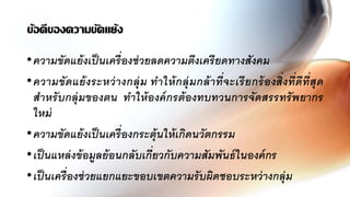 ข้อดีของความขัดแย้ง
•ความขัดแย้งเป็นเครื่องช่วยลดความตึงเครียดทางสังคม
•ความขัดแย้งระหว่างกลุ่ม ทาให้กลุ่มกล้าที่จะเรียกร้องสิ่งที่ดีที่สุด
สาหรับกลุ่มของตน ทาให้องค์กรต้องทบทวนการจัดสรรทรัพยากร
ใหม่
•ความขัดแย้งเป็นเครื่องกระตุ้นให้เกิดนวัตกรรม
•เป็นแหล่งข้อมูลย้อนกลับเกี่ยวกับความสัมพันธ์ในองค์กร
•เป็นเครื่องช่วยแยกแยะขอบเขตความรับผิดชอบระหว่างกลุ่ม
 
