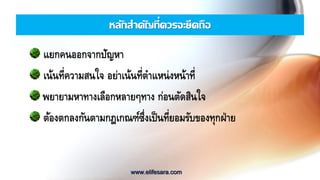 หลักสาคัญที่ควรจะยึดถือ
แยกคนออกจากปัญหา
เน้นที่ความสนใจ อย่าเน้นที่ตาแหน่งหน้าที่
พยายามหาทางเลือกหลายๆทาง ก่อนตัดสินใจ
ต้องตกลงกันตามกฎเกณฑ์ซึ่งเป็นที่ยอมรับของทุกฝ่าย
www.elifesara.com
 
