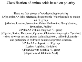 Classification of amino acids based on polarity
There are four groups of AA depending topolarity
1.Non-polar AA (also referred as hydrophobic [water hating]) nocharge
on ‘R’group
[Alanine, Leucine, Isoleucine, Valine, Methionine, Phenylalanine,
Tryptophan, Proline]
2.PolarAAwith no charge on ‘R’group
[Glycine, Serine, Threonine, Cysteine, Glutamine, Asparagine.Tyrosine]
– they however possess groups such as hydroxyl, sulfhydryl, amide –
and participate in hydrogen bonding of protein structure.
3.PolarAAwith positive ‘R’group
[Lysine, Arginine, Histidine]
4.PolarAAwith negative ‘R’group
[Aspartic acid, GlutamicAcid]
 