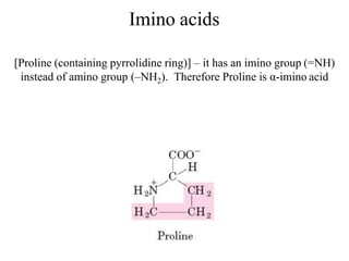 Imino acids
[Proline (containing pyrrolidine ring)] – it has an imino group (=NH)
instead of amino group (–NH2). Therefore Proline is α-imino acid
 