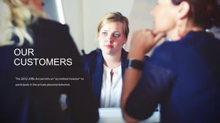 The 2012 JOBs Act permits an "accredited investor" to
participate in the private placement market.
OUR
CUSTOMERS
 