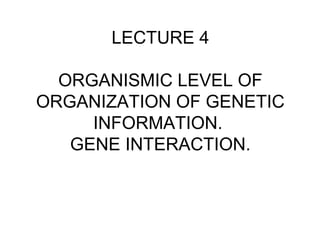 LECTURE 4
ORGANISMIC LEVEL OF
ORGANIZATION OF GENETIC
INFORMATION.
GENE INTERACTION.
 