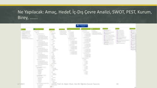 Ne Yapılacak: Amaç, Hedef, İç-Dış Çevre Analizi, SWOT, PEST, Kurum,
Birey, …….
6.7.2017 Prof. Dr. Alper Cihan, Yeni Bir Öğretici Kurum Tasarımı 24
 