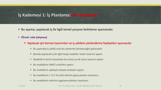 İş Kademesi 1: İş Planlama: Ne Yapılacak ?
 Bu aşama; yapılacak iş ile ilgili temel çerçeve belirleme aşamasıdır.
 (Örnek: Leke Çalışması)
 Yapılacak işin format tasarımları ve iş sahibini yönlendirme faaliyetleri aşamasıdır.
 Bu aşamada iş sahibi nasıl bir yöntemle ilerleyeceğini görecektir.
 Burada yapılacak iş ile ilgili hangi modeller vardır tasarımı yapılır.
 Modellerin birinci basamak ana süreç ve alt süreç tasarımı yapılır.
 Bu modellerin SWOT analizleri yapılır.
 Bu modellerin yaklaşık maliyet analizleri yapılır.
 Bu modellerin 1-3-5-10 yıllık tahmini geçiş planları tasarlanır.
 Bu modellerin tahmini uygulama planları tasarlanır.
266.7.2017 Prof. Dr. Alper Cihan, Yeni Bir Öğretici Kurum Tasarımı
 