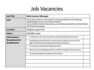 Job Vacancies
Job Title Web Content Manager
Link https://www.indeed.co.uk/cmp/Gift-Universe/jobs/Web-Content-Manager-
580594f98b0a473a?sjdu=QwrRXKrqZ3CNX5W-
O9jEva1Pxk8RxLzF6tbkiLMwjqQcfcKocazZuXmb80Jp9ywBhai0Flks1COkW6iTKGbkYj
Q2b9Il319ZICwwVIqdchs
Location Kingston upon Hull
Salary £20,000 a year
Information/
Requirements/
Qualification
• To make sure all content has been created using SEO best practice
• Proofreading the work of the content team to make sure it is all to a
high standard and accurately represents the products
• Directing and assisting photography shoot
• Maintaining and updating product content throughout its time online
• Contacting suppliers for product information
 