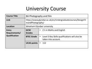 University Course
Course Title BA Photography and film
Link https://www.glyndwr.ac.uk/en/Undergraduatecourses/DesignFil
mandPhotography/
Location Wrexham Glyndwr university
Entry
Requirements/
Qualification
GCSE
Grades
• C’s in Maths and English
BTEC Grade • Level 3 Key Skills qualifications will also be
taken into account.
UCAS points • 112
 