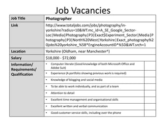 Job Vacancies
Job Title Photographer
Link http://www.totaljobs.com/jobs/photography/in-
yorkshire?radius=10&WT.mc_id=A_SE_Google_Sector-
Loc|Media|Photography|P3|Exact$Experiment_Sector|Media|P
hotography|P3|North%20West|Yorkshire|Exact_photography%2
0jobs%20yorkshire_%5B*EngineAccountID*%5D&WT.srch=1
Location Yorkshire (Oldham, near Manchester^)
Salary $18,000 - $72,000
Information/
Requirements/
Qualification
• Computer literate (Good knowledge of both Microsoft Office and
Adobe Suit)
• Experience (A portfolio showing previous work is required)
• Knowledge of blogging and social media
• To be able to work individually, and as part of a team
• Attention to detail
• Excellent time management and organisational skills
• Excellent written and verbal communication
• Good customer service skills, including over the phone
 