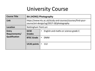 University Course
Course Title BA (HONS) Photography
Link https://www.ntu.ac.uk/study-and-courses/courses/find-your-
course/art-design/ug/2017-18/photography
Location Nottingham Trent uni
Entry
Requirements/
Qualification
GCSE
Grades
• English and maths or science grade C
BTEC Grade • DMM
UCAS points • 112
 