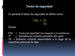 En general el factor de seguridad se define como:
FSs = Tf
Td
Donde:
FSs = Factor de seguridad con respecto a la resistencia
Tf = Resistencia cortante promedio del suelo
Td = Esfuerzo cortante desarrollado a lo largo de la
superficie potencial de falla.
Factor de seguridad
 