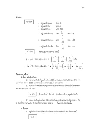 10
ตัวอย่าง
4 อยู่ในหลักหน่วย มีค่า 4
5 อยู่ในหลักสิบ มีค่า 40
6 อยู่ในหลักร้อย มีค่า 600
3 อยู่ในหลักส่วนสิบ มีค่า
10
3
หรือ 0.3
2 อยู่ในหลักส่วนร้อย มีค่า
100
2
หรือ 0.02
7 อยู่ในหลักส่วนพัน มีค่า
100
7
หรือ 0.007
เขียนในรูปการกระจาย ได้ดังนี้
= (2  100) + (4  10) + (3  1) + 

















0001
5
100
3
10
2
,
หรือ
( 2
102 ) + ( 104 ) + ( 13 ) + 






10
1
2 + 





 2
10
1
3 + 





 3
10
1
5
กิจกรรมการเรียนรู้
1. ขั้นนาเข้าสู่บทเรียน
1.1 ครูสนทนากับนักเรียนเกี่ยวกับการใช้จานวนในรูปทศนิยมในชีวิตประจาวัน เช่น
ราคาน้ามัน ลิตรละ 30.50 บาท ราคาน้าตาลกิโลละ 22.75 บาท เป็นต้น
1.2 ทบทวนเรื่องทศนิยมโดยครูยกตัวอย่างบนกระดาน แล้วให้ตอบว่าเป็นทศนิยมกี่
ตาแหน่ง อ่านว่าอย่างไร เช่น
เป็นทศนิยม 3 ตาแหน่ง อ่านว่า สามสิบแปดจุดห้าเจ็ดเก้า
1.3 ครูและนักเรียนร่วมกันสรุปจานวนที่อยู่ในรูปทศนิยมประกอบด้วยสองส่วน คือ
1. ส่วนที่เป็นจานวนเต็ม 2. ส่วนที่เป็นทศนิยม โดยที่จุด ( . ) คั่นระหว่างสองส่วนนั้น
2. ขั้นสอน
2.1 ครูนาบัตรตัวเลขมาให้นักเรียนอ่านพร้อมกัน และช่วยกันตอบคาถาม ดังนี้
38.579
16.234
4
654.327
243.235
 