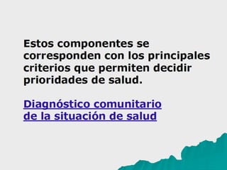 Estos componentes se
corresponden con los principales
criterios que permiten decidir
prioridades de salud.
Diagnóstico comunitario
de la situación de salud
 