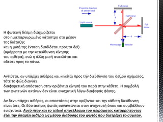 Η φωτεινή δέσμη διαχωρίζεται
στο ημιεπαργυρωμένο κάτοπτρο στο μέσον
της διάταξης
και η μισή της ένταση διαδίδεται προς τα δεξιά
(ομόρροπα με την κατεύθυνση κίνησης
του αιθέρα), ενώ η άλλη μισή ανακλάται και
οδεύει προς τα πάνω.
Αντίθετα, αν υπάρχει αιθέρας και κινείται προς την διεύθυνση του δεξιού σχήματος,
τότε το φώς διανύει
διαφορετική απόσταση στην οριζόντια κίνησή του παρά στην κάθετη. Η συμβολή
των φωτεινών ακτίνων δεν είναι ενισχυτική λόγω διαφοράς φάσης.
Αν δεν υπάρχει αιθέρας, οι αποστάσεις στην οριζόντια και την κάθετη διεύθυνση
είναι ίσες. Οι δύο ακτίνες φωτός συναντώνται στον ανιχνευτή όπου και συμβάλλουν
ενισχυτικά. Αυτό ήταν και το τελικό αποτέλεσμα του πειράματος καταρρίπτοντας
έτσι την ύπαρξη αιθέρα ως μέσου διάδοσης του φωτός που διατρέχει το σύμπαν.10/7/2017
 