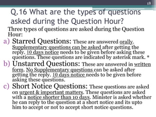 Q.16 What are the types of questions
asked during the Question Hour?
Three types of questions are asked during the Question
Hour:
a) Starred Questions: These are answered orally.
Supplementary questions can be asked after getting the
reply. 10 days notice needs to be given before asking these
questions. These questions are indicated by asterisk mark. *
b) Unstarred Questions: These are answered in written
form. No Supplementary questions can be asked after
getting the reply. 10 days notice needs to be given before
asking these questions.
c) Short Notice Questions: These questions are asked
on urgent & important matters. These questions are asked
with a notice shorter than 10 days. Minister is asked whether
he can reply to the question at a short notice and its upto
him to accept or not to accept short notice questions.
18
 