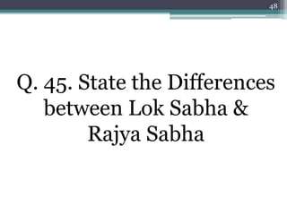 48
Q. 45. State the Differences
between Lok Sabha &
Rajya Sabha
 