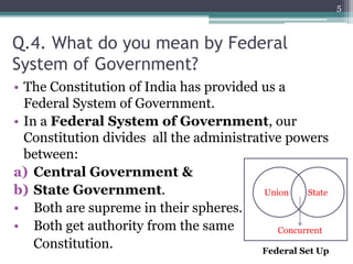 Q.4. What do you mean by Federal
System of Government?
• The Constitution of India has provided us a
Federal System of Government.
• In a Federal System of Government, our
Constitution divides all the administrative powers
between:
a) Central Government &
b) State Government.
• Both are supreme in their spheres.
• Both get authority from the same
Constitution.
5
Union State
Concurrent
Federal Set Up
 
