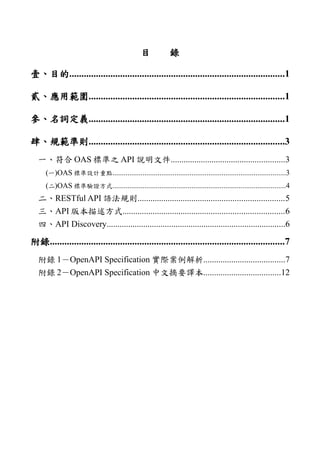 目　　錄
壹、目的.........................................................................................1
貳、應用範圍.................................................................................1
參、名詞定義.................................................................................1
肆、規範準則.................................................................................3
一、符合 OAS 標準之 API 說明文件.....................................................3
(一)OAS 標準設計重點............................................................................................3
(二)OAS 標準驗證方式............................................................................................4
二、RESTful API 語法規則....................................................................5
三、API 版本描述方式...........................................................................6
四、API Discovery...................................................................................6
附錄.................................................................................................7
附錄 1－OpenAPI Specification 實際案例解析......................................7
附錄 2－OpenAPI Specification 中文摘要譯本....................................12
 
