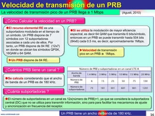 Velocidad de transmisión de un PRB
16www.coimbraweb.com
La velocidad de transmisión pico de un PRB llega a 1 Mbps
El recurso elemental RE es una
subportadora modulada en el tiempo de
un símbolo. Un PRB dispone de 7
símbolos con 12 subportadoras
asociadas a cada uno de ellos. Por
tanto, un PRB dispone de 84 RE (12x7)
en donde se ubican los símbolos QPSK,
16QAM o 64 QAM.
¿Cómo Calcular la velocidad en un PRB?
Si se utiliza la modulación de mayor eficiencia
espectral, es decir 64 QAM que transmite 6 bits/símbolo,
entonces en un PRB se puede transmitir hasta 504 bits
(84x6) cada 0.5 ms, es decir, aproximadamente 1Mbps.
Un PRB dispone de 84 RE.
Velocidad de transmisión
pico en un PRB ≅ 1Mbps.
¿Cuántos PRB tiene un canal ?
Se calcula considerando que el ancho
de banda de un PRB es de 180 kHz.
El número de subportadoras en un canal es 12x(número de PRB)+1, ya que se considera la subportadora
central (DC) que no se utiliza para transmitir información, sino para para facilitar los mecanismos de ajuste
y sincronización en frecuencia del receptor.
¿Cuánta subportadoras ?
(Agusti, 2010)
Un PRB tiene un ancho de banda de 180 kHz.
 