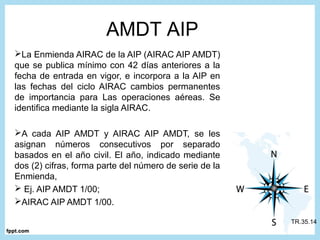 TR.35.14
AMDT AIP
La Enmienda AIRAC de la AIP (AIRAC AIP AMDT)
que se publica mínimo con 42 días anteriores a la
fecha de entrada en vigor, e incorpora a la AIP en
las fechas del ciclo AIRAC cambios permanentes
de importancia para Las operaciones aéreas. Se
identifica mediante la sigla AIRAC.
A cada AIP AMDT y AIRAC AIP AMDT, se les
asignan números consecutivos por separado
basados en el año civil. El año, indicado mediante
dos (2) cifras, forma parte del número de serie de la
Enmienda,
 Ej. AIP AMDT 1/00;
AIRAC AIP AMDT 1/00.
 