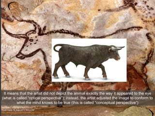 Second Bull, Great Hall of Bulls, Lascaux
Photo credit : N. Aujoulat © MCC-CNP
http://www.lascaux.culture.fr/index.php?fichier=02_01_00_07.xml
It means that the artist did not depict the animal exactly the way it appeared to the eye
(what is called “optical perspective”); instead, the artist adjusted the image to conform to
what the mind knows to be true (this is called “conceptual perspective”)
 