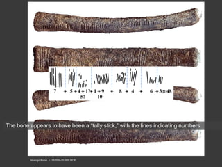 Ishango Bone, c. 25,000-20,000 BCE
The bone appears to have been a “tally stick,” with the lines indicating numbers
 