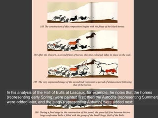 In his analysis of the Hall of Bulls at Lascaux, for example, he notes that the horses
(representing early Spring) were painted first; then the Aurochs (representing Summer)
were added later, and the stags (representing Autumn) were added next:
 