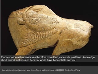 Bison with turned head, fragmentary spear thrower from La Madeleine, France, c. 12,000 BCE. Reindeer horn, 4” long
Preoccupation with animals was therefore more than just an idle past time: knowledge
about animal features and behavior would have been vital to survival
 