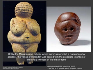 Venus of Willendorf, c. 28,000-25,000 BCE
Natural History Museum, Vienna
Unlike the Magapansgat pebble, which merely resembled a human face by
accident, the Venus of Willendorf was carved with the deliberate intention of
creating a likeness of the female form
Magapansgat pebble, from South Africa. C.
3,000,000 BCE. Natural History Museum, London
 
