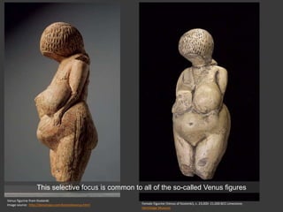 Female Figurine (Venus of Kostenki), c. 23,000- 21,000 BCE Limestone;
Hermitage Museum
Venus figurine from Kostenki
Image source: http://donsmaps.com/kostenkivenus.html
This selective focus is common to all of the so-called Venus figures
 