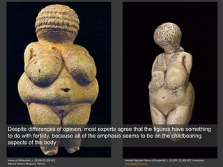Venus of Willendorf, c. 28,000-25,000 BCE
Natural History Museum, Vienna
Female Figurine (Venus of Kostenki), c. 23,000- 21,000 BCE Limestone;
Hermitage Museum
Despite differences of opinion, most experts agree that the figures have something
to do with fertility, because all of the emphasis seems to be on the childbearing
aspects of the body
 