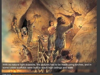 Image source: https://www.q-files.com/prehistoric/story-of-humans/cave-paintings
With no natural light available, the pictures had to be made using torches, and in
some cases scaffolds were built to reach high ceilings and walls
 