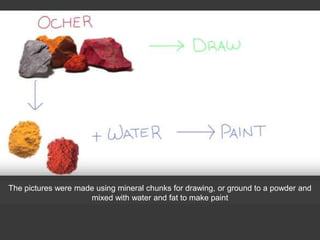 The pictures were made using mineral chunks for drawing, or ground to a powder and
mixed with water and fat to make paint
 