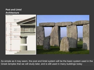 Post and Lintel
Architecture
As simple as it may seem, the post and lintel system will be the basic system used in the
Greek temples that we will study later, and is still used in many buildings today
 