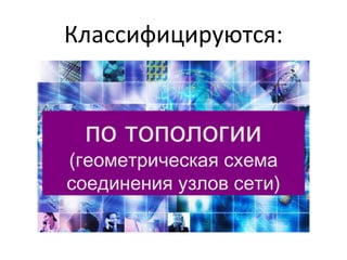 Классифицируются:
по топологии
(геометрическая схема
соединения узлов сети)
 