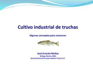 Cultivo industrial de truchas
Algunos conceptos para conversar
José Ernesto Muñoz
Biólogo Marino, MBA
Gerente General Peruvian Andean Trout S.A.C.
 