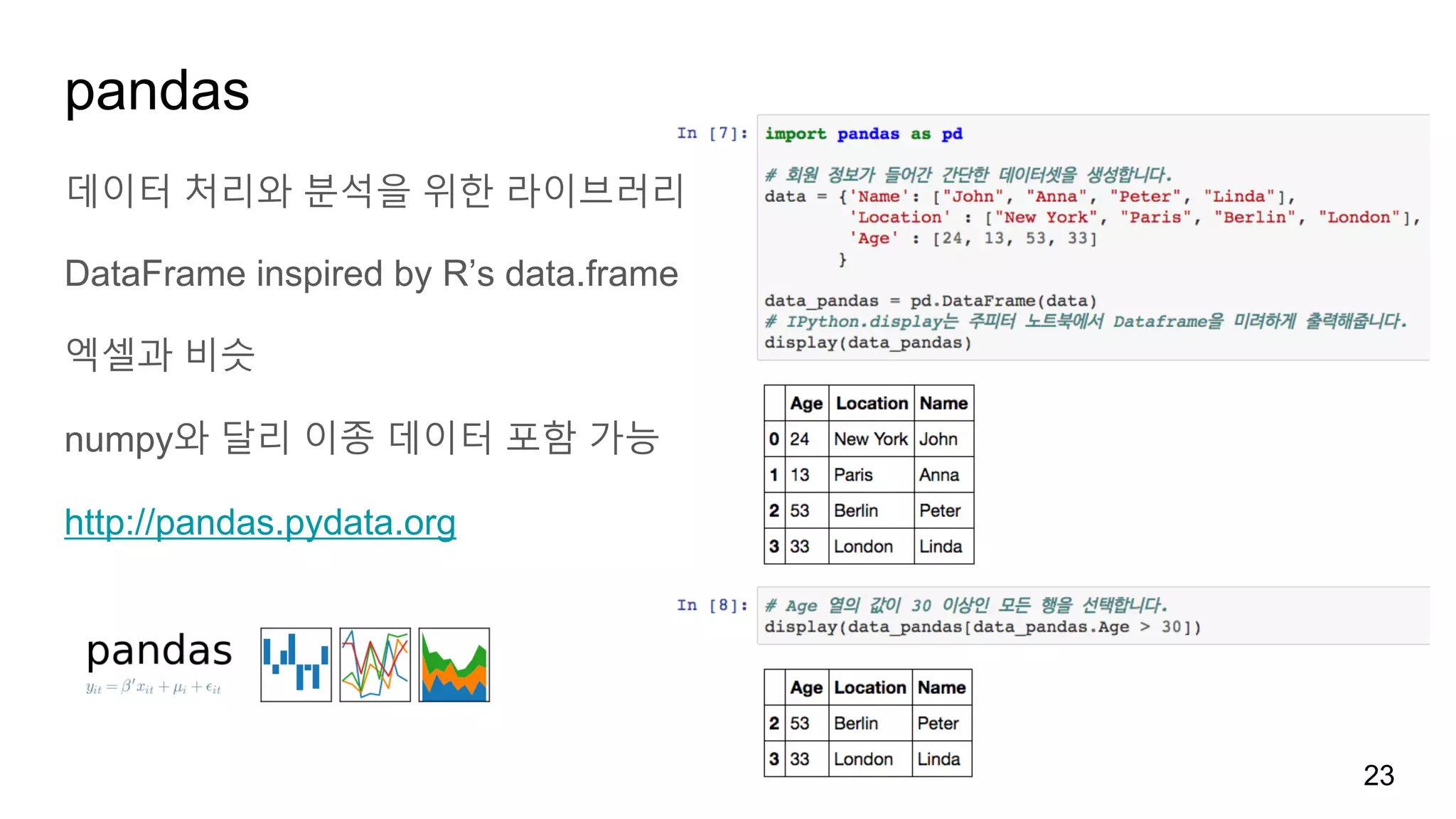 pandas
데이터 처리와 분석을 위한 라이브러리
DataFrame inspired by R’s data.frame
엑셀과 비슷
numpy와 달리 이종 데이터 포함 가능
http://pandas.pydata.org
23
 