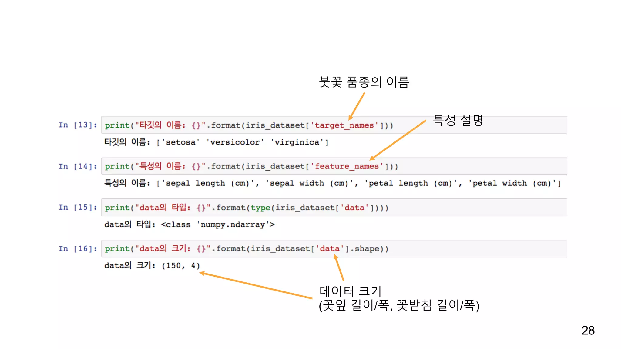 28
붓꽃 품종의 이름
특성 설명
데이터 크기
(꽃잎 길이/폭, 꽃받침 길이/폭)
 