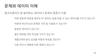 문제와 데이터 이해
알고리즘마다 잘 들어맞는 데이터나 문제의 종류가 다름
어떤 질문에 대답을 원하는가? 원하는 답을 만들 수 있는 데이터를 가지고 있는가?
어떻게 머신러닝의 문제로 가장 잘 기술할 수 있는가?
충분한 데이터가 있는가?
좋은 예측을 위한 특성을 가지고 있는가?
애플리케이션의 성과를 어떻게 측정할 것인가?
다른 연구나 제품에 어떤 영향이 있는가?
11
 