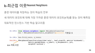 k-최근접 이웃Nearest Neighbors
훈련 데이터를 저장하는 것이 학습의 전부
새 데이터 포인트에 대해 가장 가까운 훈련 데이터 포인트(k개)를 찾는 것이 예측임
대표적인 인스턴스 기반 학습 알고리즘
34
기본값: 5
knn 객체 리턴
 