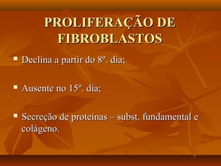 PROLIFERAÇÃO DEPROLIFERAÇÃO DE
FIBROBLASTOSFIBROBLASTOS
 Declina a partir do 8º. dia;Declina a partir do 8º. dia;
 Ausente no 15º. dia;Ausente no 15º. dia;
 Secreção de proteínas – subst. fundamental eSecreção de proteínas – subst. fundamental e
colágeno.colágeno.
 