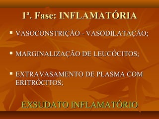 1ª. Fase: INFLAMATÓRIA1ª. Fase: INFLAMATÓRIA
 VASOCONSTRIÇÃO - VASODILATAÇÃO;VASOCONSTRIÇÃO - VASODILATAÇÃO;
 MARGINALIZAÇÃO DE LEUCÓCITOS;MARGINALIZAÇÃO DE LEUCÓCITOS;
 EXTRAVASAMENTO DE PLASMA COMEXTRAVASAMENTO DE PLASMA COM
ERITRÓCITOS;ERITRÓCITOS;
EXSUDATO INFLAMATÓRIOEXSUDATO INFLAMATÓRIO
 