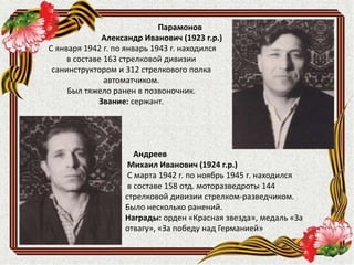 Андреев
Михаил Иванович (1924 г.р.)
С марта 1942 г. по ноябрь 1945 г. находился
в составе 158 отд. моторазведроты 144
стрелковой дивизии стрелком-разведчиком.
Было несколько ранений.
Награды: орден «Красная звезда», медаль «За
отвагу», «За победу над Германией»
Парамонов
Александр Иванович (1923 г.р.)
С января 1942 г. по январь 1943 г. находился
в составе 163 стрелковой дивизии
санинструктором и 312 стрелкового полка
автоматчиком.
Был тяжело ранен в позвоночник.
Звание: сержант.
 