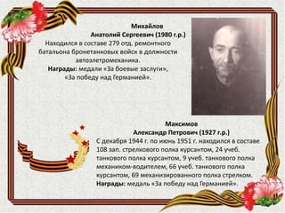 Михайлов
Анатолий Сергеевич (1980 г.р.)
Находился в составе 279 отд. ремонтного
батальона бронетанковых войск в должности
автоэлетромеханика.
Награды: медали «За боевые заслуги»,
«За победу над Германией».
Максимов
Александр Петрович (1927 г.р.)
С декабря 1944 г. по июнь 1951 г. находился в составе
108 зап. стрелкового полка курсантом, 24 учеб.
танкового полка курсантом, 9 учеб. танкового полка
механиком-водителем, 66 учеб. танкового полка
курсантом, 69 механизированного полка стрелком.
Награды: медаль «За победу над Германией».
 