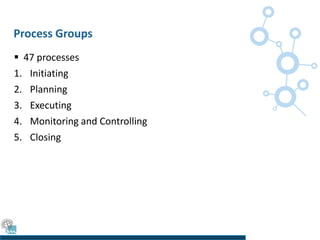 Process Groups
 47 processes
1. Initiating
2. Planning
3. Executing
4. Monitoring and Controlling
5. Closing
 