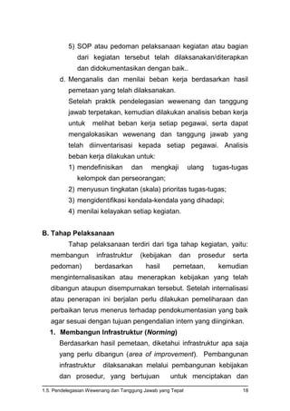 1.5. Pendelegasian Wewenang dan Tanggung Jawab yang Tepat 18
5) SOP atau pedoman pelaksanaan kegiatan atau bagian
dari kegiatan tersebut telah dilaksanakan/diterapkan
dan didokumentasikan dengan baik..
d. Menganalis dan menilai beban kerja berdasarkan hasil
pemetaan yang telah dilaksanakan.
Setelah praktik pendelegasian wewenang dan tanggung
jawab terpetakan, kemudian dilakukan analisis beban kerja
untuk melihat beban kerja setiap pegawai, serta dapat
mengalokasikan wewenang dan tanggung jawab yang
telah diinventarisasi kepada setiap pegawai. Analisis
beban kerja dilakukan untuk:
1) mendefinisikan dan mengkaji ulang tugas-tugas
kelompok dan perseorangan;
2) menyusun tingkatan (skala) prioritas tugas-tugas;
3) mengidentifikasi kendala-kendala yang dihadapi;
4) menilai kelayakan setiap kegiatan.
B. Tahap Pelaksanaan
Tahap pelaksanaan terdiri dari tiga tahap kegiatan, yaitu:
membangun infrastruktur (kebijakan dan prosedur serta
pedoman) berdasarkan hasil pemetaan, kemudian
menginternalisasikan atau menerapkan kebijakan yang telah
dibangun ataupun disempurnakan tersebut. Setelah internalisasi
atau penerapan ini berjalan perlu dilakukan pemeliharaan dan
perbaikan terus menerus terhadap pendokumentasian yang baik
agar sesuai dengan tujuan pengendalian intern yang diinginkan.
1. Membangun Infrastruktur (Norming)
Berdasarkan hasil pemetaan, diketahui infrastruktur apa saja
yang perlu dibangun (area of improvement). Pembangunan
infrastruktur dilaksanakan melalui pembangunan kebijakan
dan prosedur, yang bertujuan untuk menciptakan dan
 